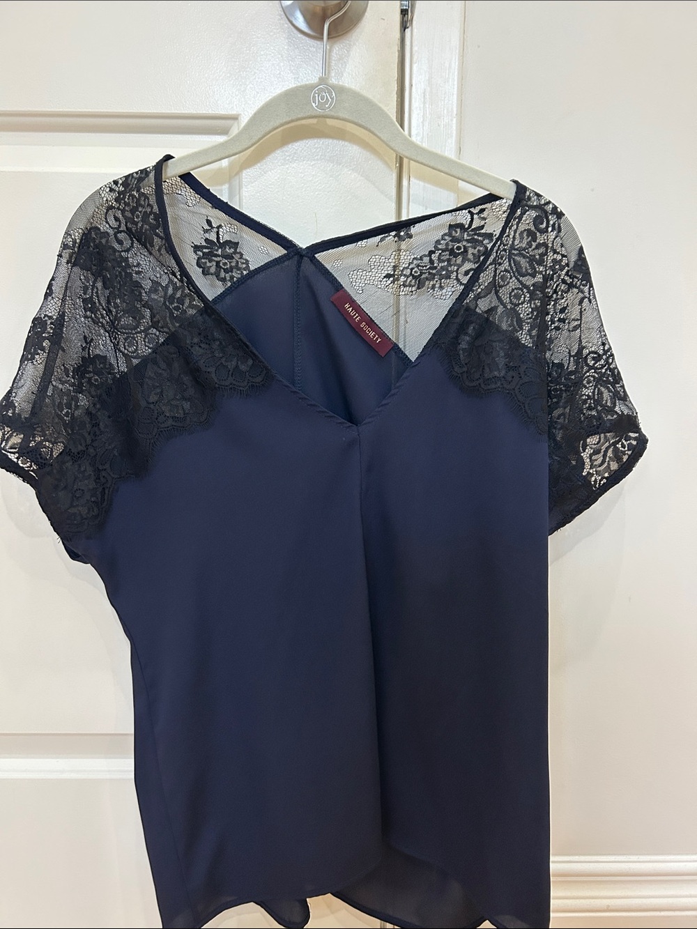 Haute Society Navy Blouse with Black Lace Yoke